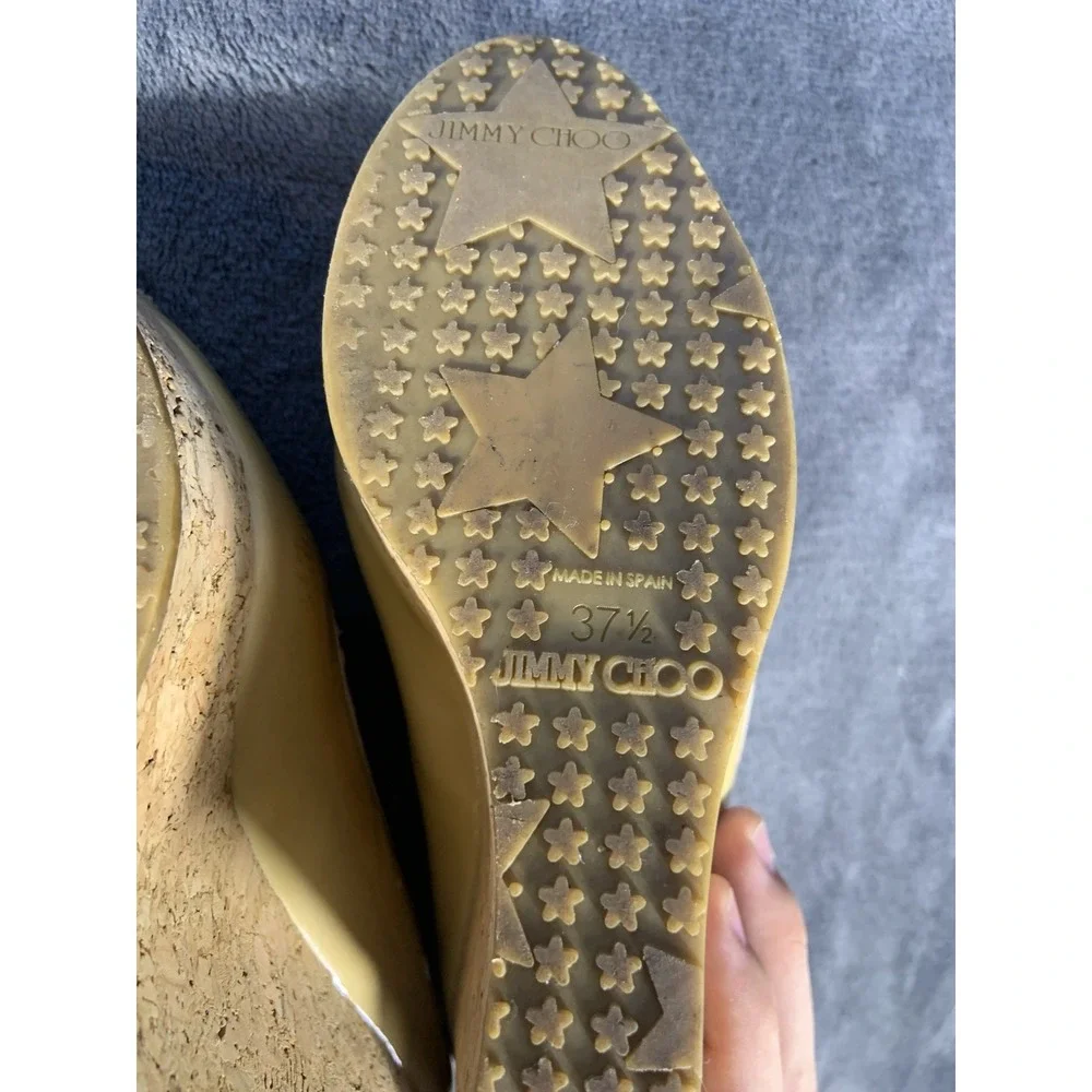 Jimmy Choo Size 37 1/2 Natural Papina Patent Leather and Cork Wedges $450